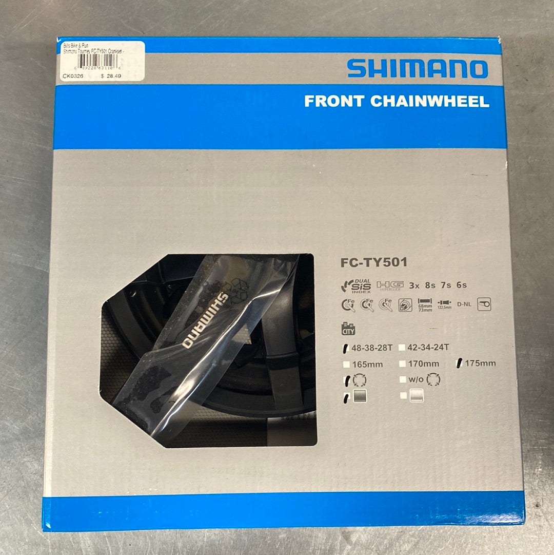 Shimano Tourney FC-TY501 Crankset - 175mm, 6/7/8-Speed, 48/38/28t, Riveted, Square Taper JIS Spindle Interface, Black